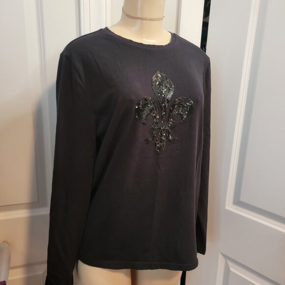 TALBOTS Black Cotton Stretch Top Fleur De Lis Sequins Saints Long Sleeve Top - Picture 4 of 8